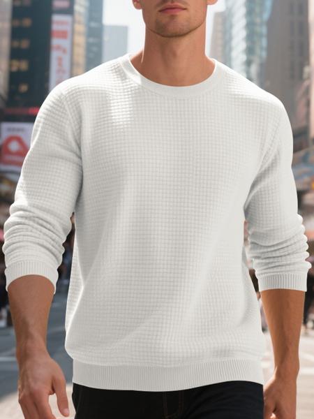 Men's White Waffle Knit Sweater, Crew Neck & Long Sleeve Design, Soft Breathable Cotton Blend for Spring Fall Casual, Office & Daily Wear – Slim Fit, Ribbed Cuffs/Hem, Thermal Texture, Classic, Crewneck