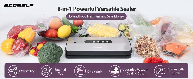 Vacuum Sealer Machine, with 8-in-1 Function& Detachable Tray& Cutter& 10 Bags, Food Vacuum Sealer Saver Machine for Food Storage & Sous Vide,Automatic Sealing Machine,EXT-VAC,Stainless Steel