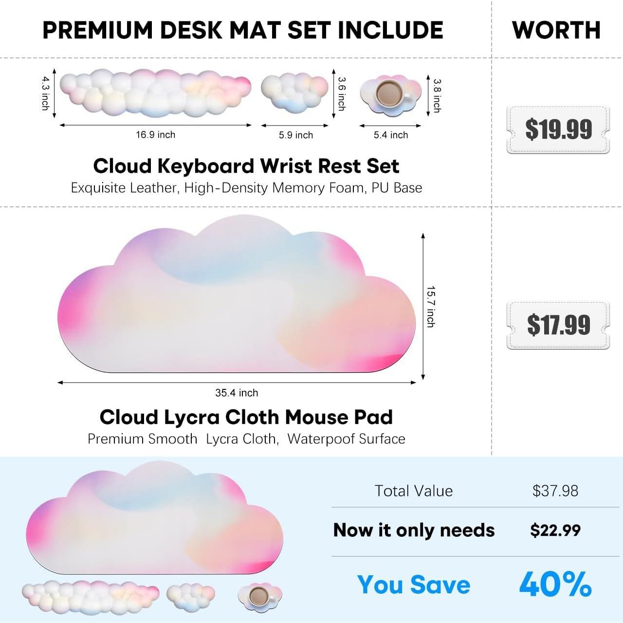 Large Cloud  Pad  with Cloud Keyboard Wrist Pad and Cloud  Wrist Pad Set,   Desk Wrist Support Mousepad for Keyboard and  35.4x15.7in Rainbow