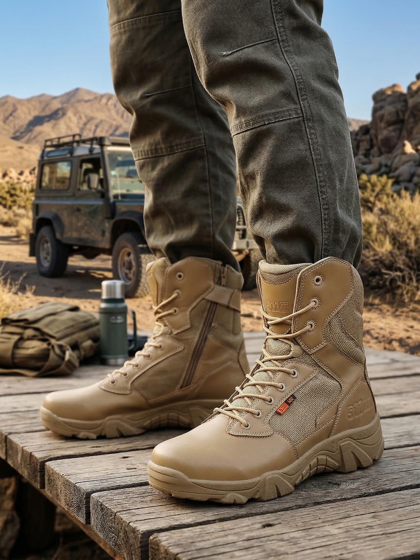 Men's Outdoor Thick-Soled High-Top Hiking Boots, Lightweight Comfortable Trekking Shoes, Side Zipper Lace-Up Men's Tactical Boots