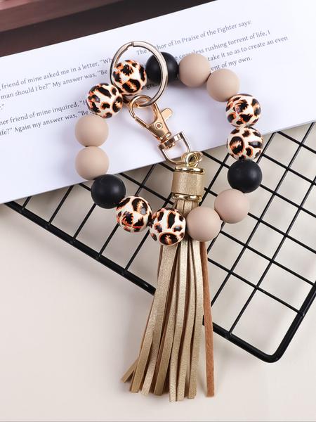 Wooden Bead & Silicone Bracelet Keychain Effortless Style for Daily Wear, Thoughtful Gift for Her - Keys Wristlet for Women