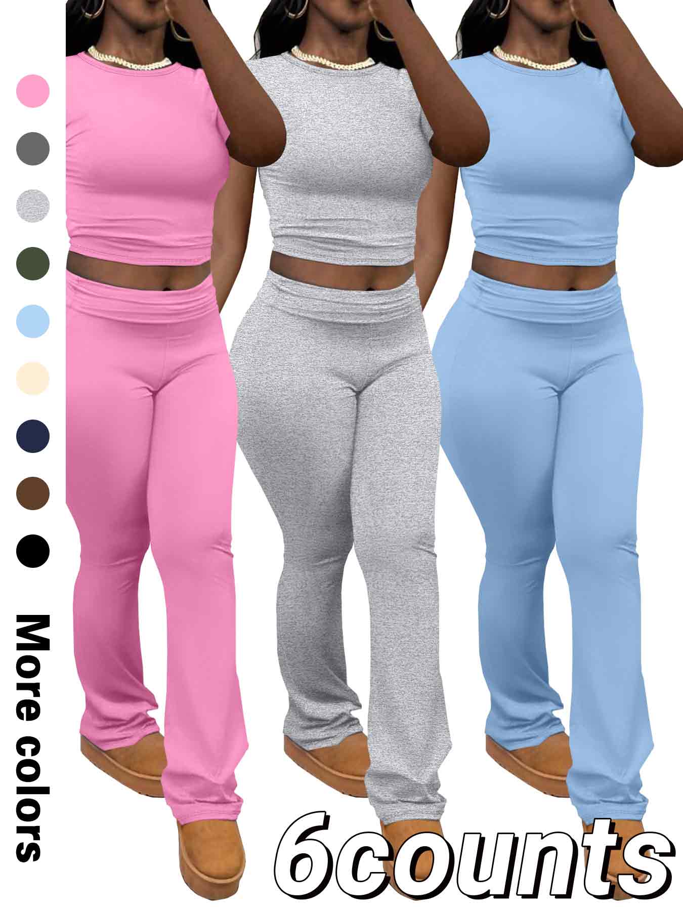 Women's Solid Color Crop Tee & Flare Leg Pants Two-piece Set, Casual Fashion Cozy Round Neck Short Sleeve Top & Trousers for Daily Outdoor Wear, Ladies Clothes for Summer
