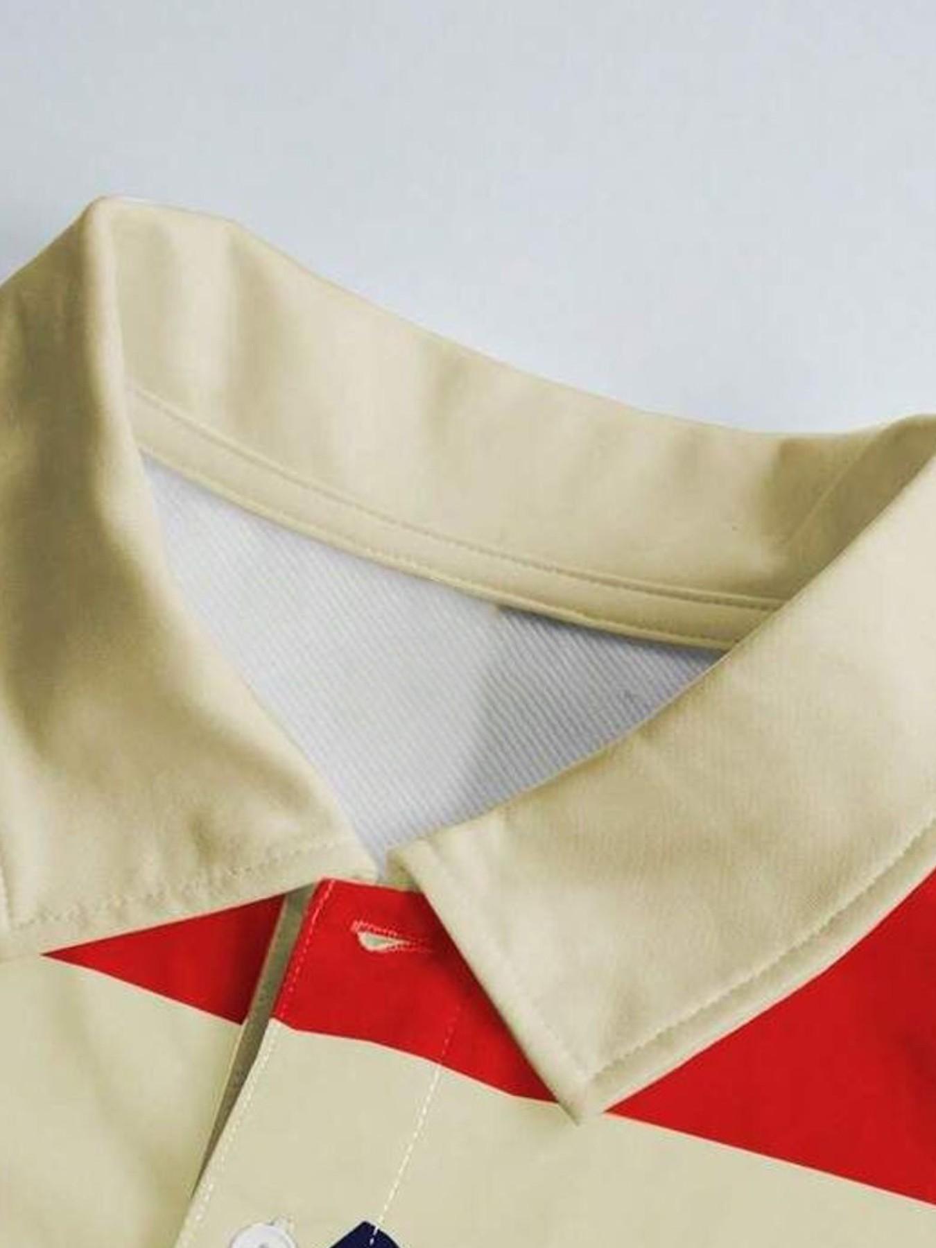 American Vintage College Style Ny1968 Striped All Over Print Polo Shirt, Colorblock Short Sleeve, Loose Fit Unisex Top, Casual Fashion Apparel, Menswear