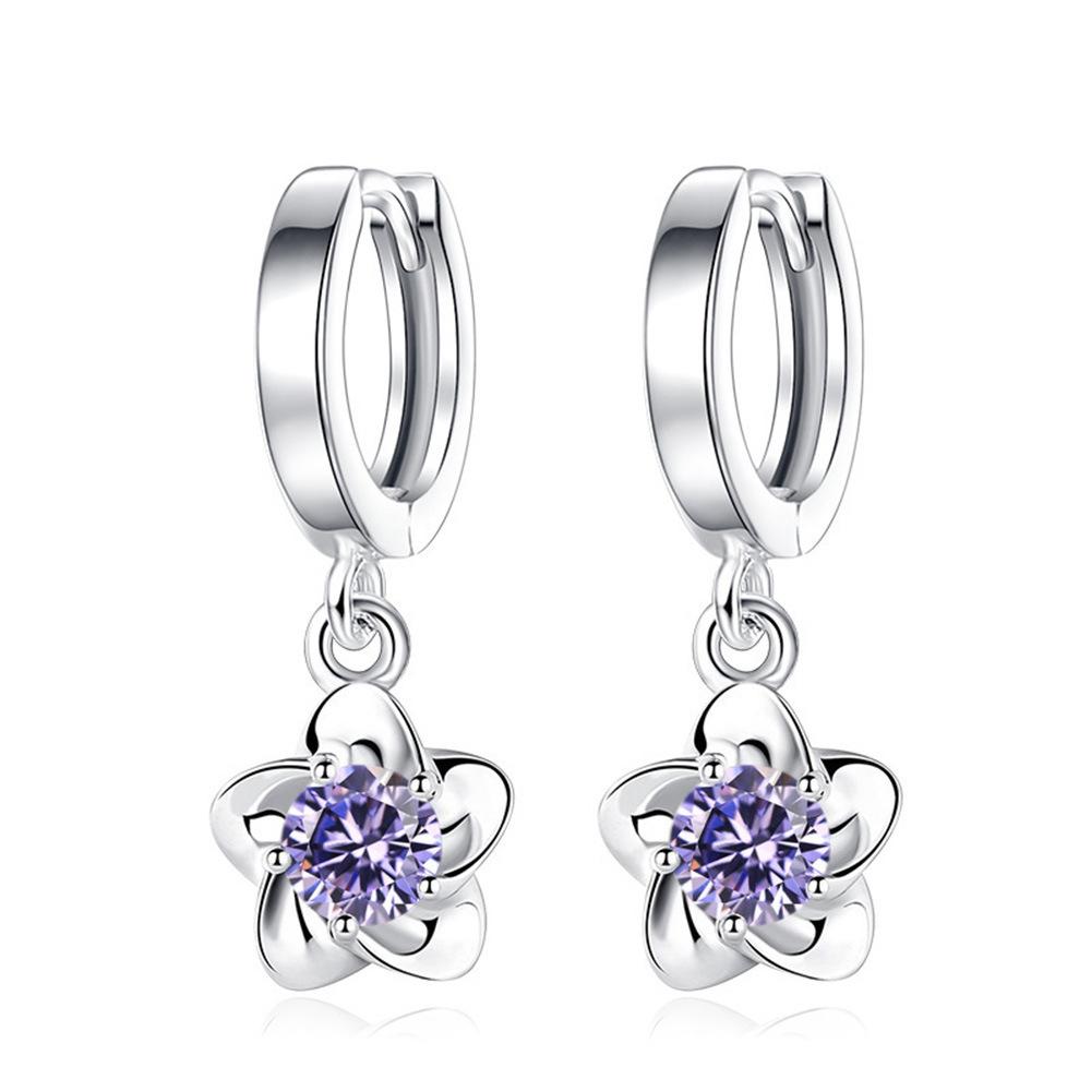 Silver Tone Purple CZ Flower Drop Earrings, Huggie Hoop Earrings with Floral Charm, Elegant Daily Jewelry for Women