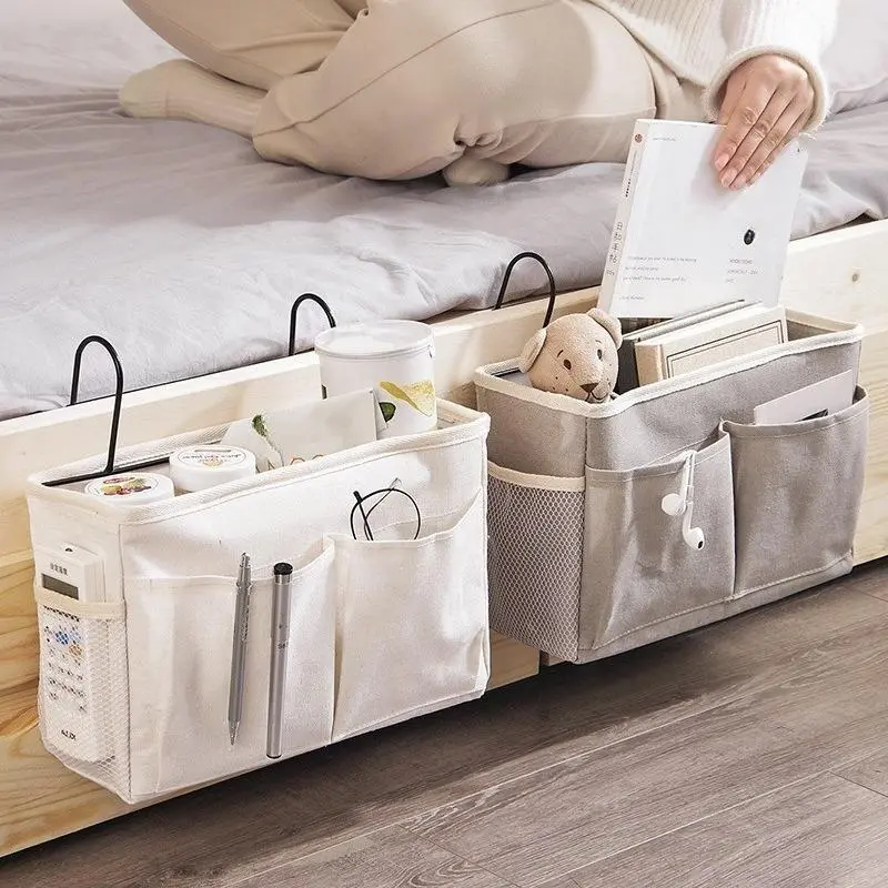 Linen Cotton Bedside Hanging Storage Caddy for Dorm, Multi-Pocket Wall Hanging Sundry Organizer Basket for Students
