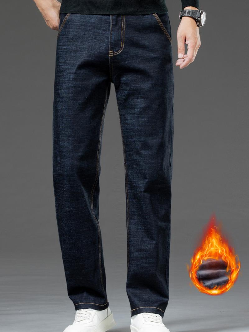 Men's Fleece Lined Denim Jeans, Loose Straight Leg Long Pants, Warm Cotton Elastic Fashion for Fall & Winter