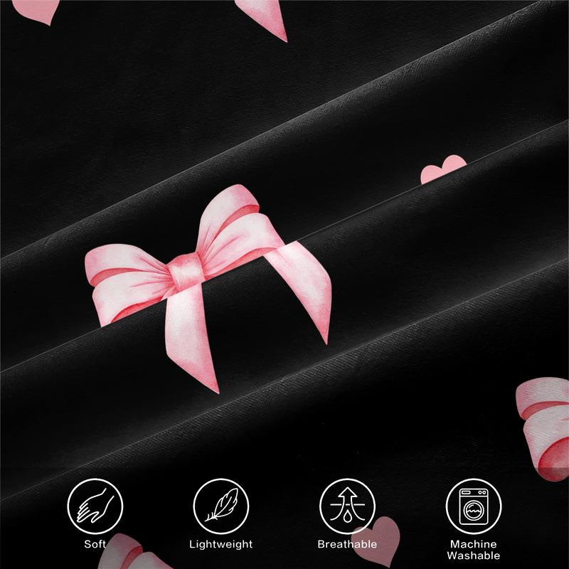 3-piece Bedding Set Features A Black Background With Pink Bow And Heart Prints, Including A Fitted Sheet And Two Unfilled Pillowcases. The Design Blends Two Elements, Creating A Romantic And Sweet Yet Cool Bedroom Décor, Gift Choice, Bed Sheet Sets 3-piece Bedding Set Features A Black Background With Pink Bow And Heart Prints, Including A Fitted Sheet And Two Unfilled Pillowcases. The Design Blends Two Elements, Creating A Romantic And Sweet Yet Cool Bedroom Décor, Gift Choice, Bed Sheet Sets