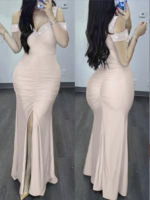 Summer Black Apricot European and American Style Elegant Hot Diamond Off-shoulder Slim High Waist Hip Slit Dress Milkmaid Dresses Evening Fabric