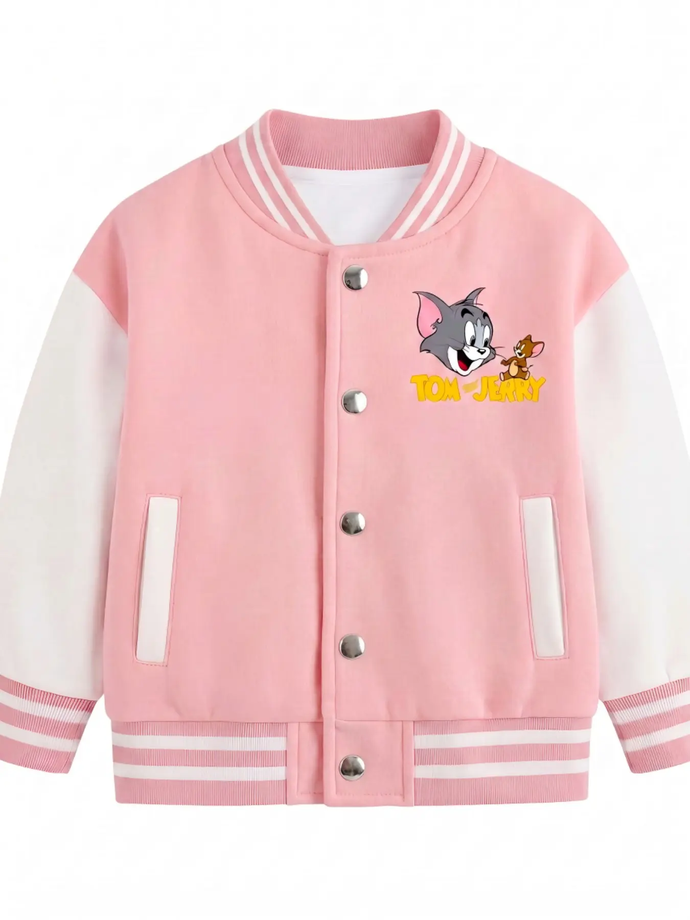 Warner Bros Official Licensed Tom and Jerry Kids Varsity Jacket, Color Block Raglan Sleeve Baseball Coat, Soft Comfort Cartoon Print Button Down Outerwear for Boys Girls Ages 1-14, Multi Colors Available
