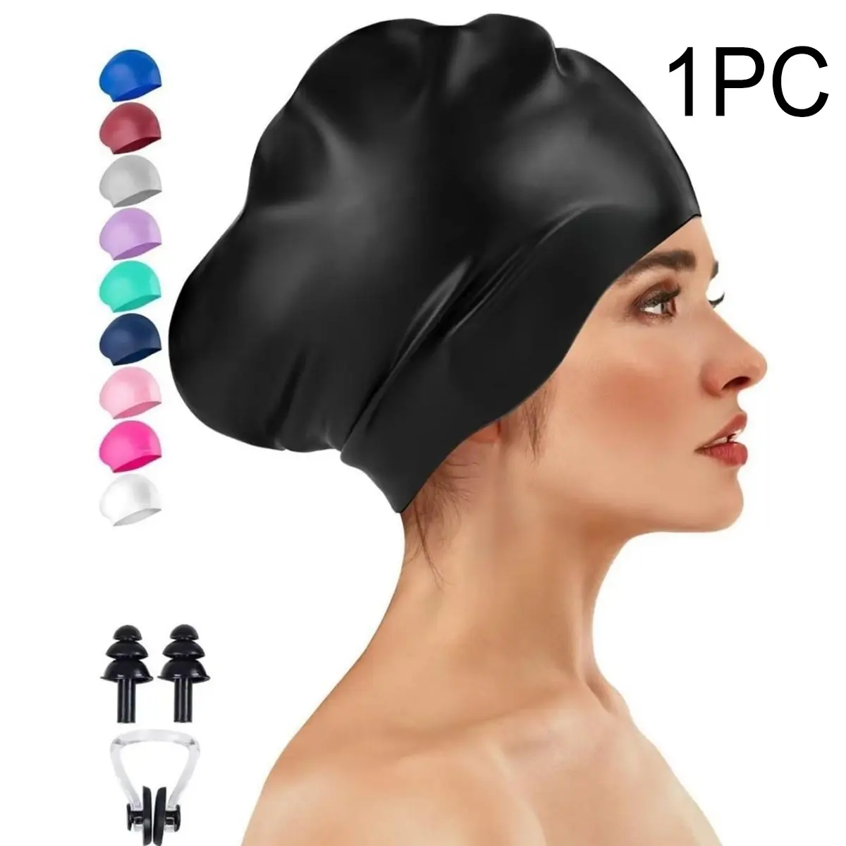 Unisex Swimming Cap with Nose Clip & Earplugs, Extra-Large Waterproof Silicone, Fits Ponytail, Thick Curly Hair, Pool Beach Water Sports, Swim Caps