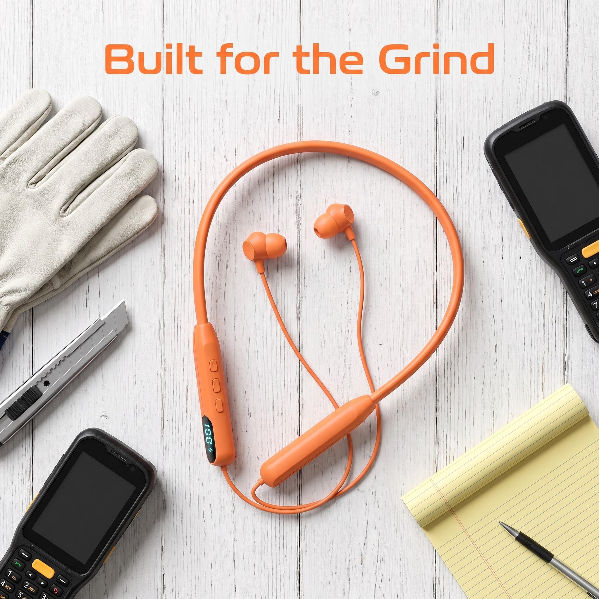 Bright Orange Hi Vis Neckband Bluetooth Earbuds, LED Digital Power Screen, IPX5 Sweat Resistant, 48H Long Playtime, Built-in Microphone for Hands-Free Calls, Dual Device Pairing, Touch Control Headphones for Warehouse Workers & Outdoor Work