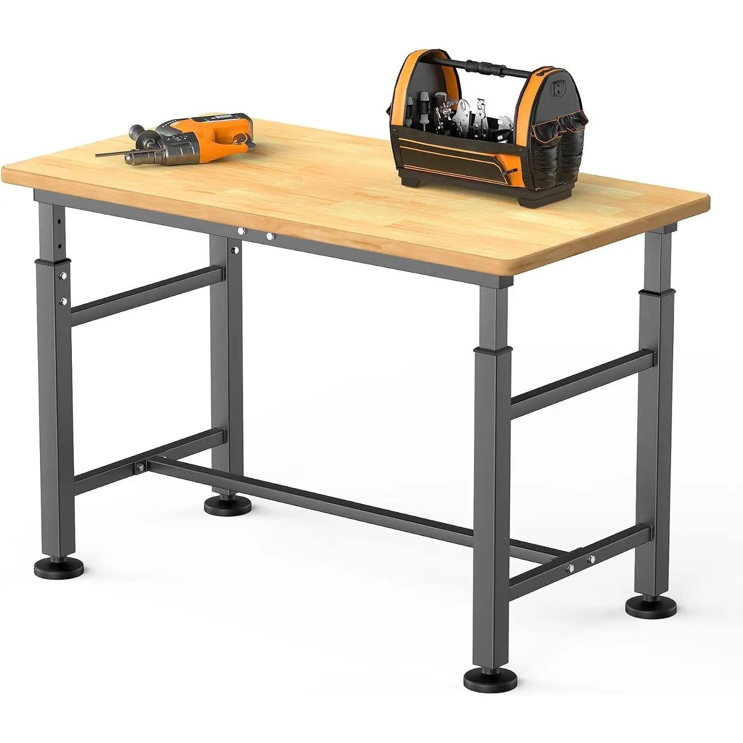 Adjustable Workbench with Rubberwood Top, 42" x 20" Heavy-Duty Garage Work Table, Height Adjustable 28"–39", Supports Up to 2000 lbs