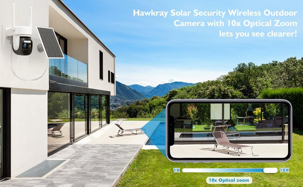 Hawkray Solar Wireless Outdoor Camera Dual-Lens 10X Zoom 2K Resolution 360° Pan Tilt Control Two-Way Audio with Spotlight Siren PIR Motion Detection Card Remote Safety Connection Black Sd Water Proof
