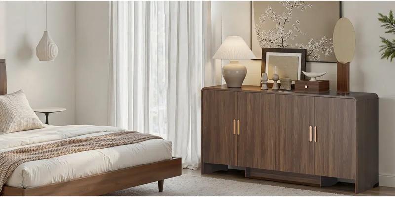 【Valentine's Day Gift】ONBRILL 60” Sideboard Curved Cabinet With 4 Doors, Living Room Furniture, Dining Room Furniture