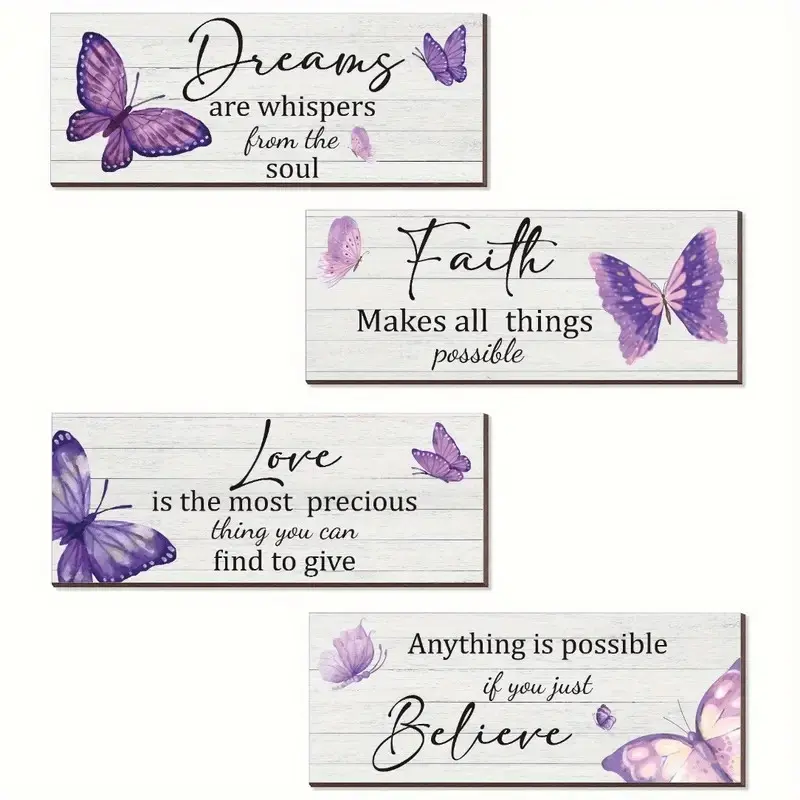 Butterfly Wooden Wall Plaque Set of 4, Inspirational Quotes Wooden Decor, Rustic Style Motivational Wood Hanging Art, Bedroom Living Room Home Decoration