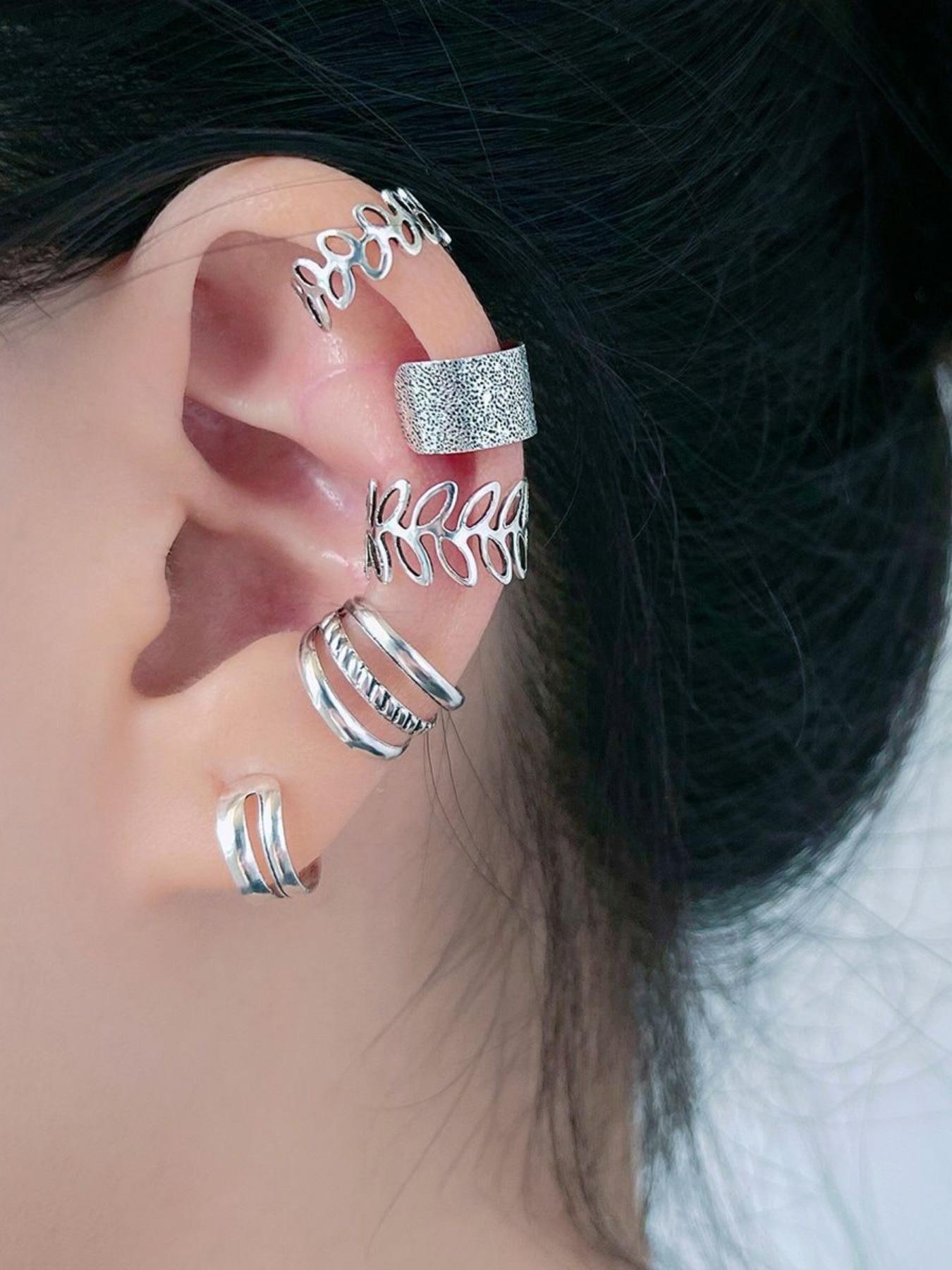 5 Pcs Creative Hollow Out Gold/silver Color Alloy Earrings, No Piercing Ear Clip, Elegant Ethnic Style, All Seasons Fashion Accessory