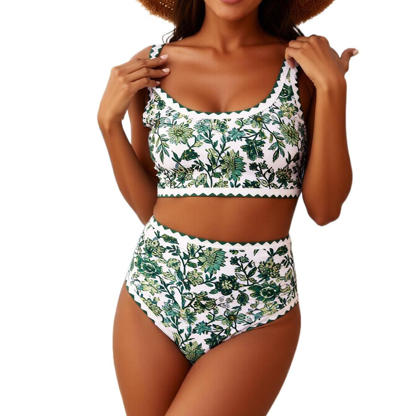 Women's Fashion Two-Piece Set High-Waisted Floral Bikini  Slimming with Tummy Control Wide Shoulder Straps Vacation Swimsuit  Perfect for Vacation Photoshoots