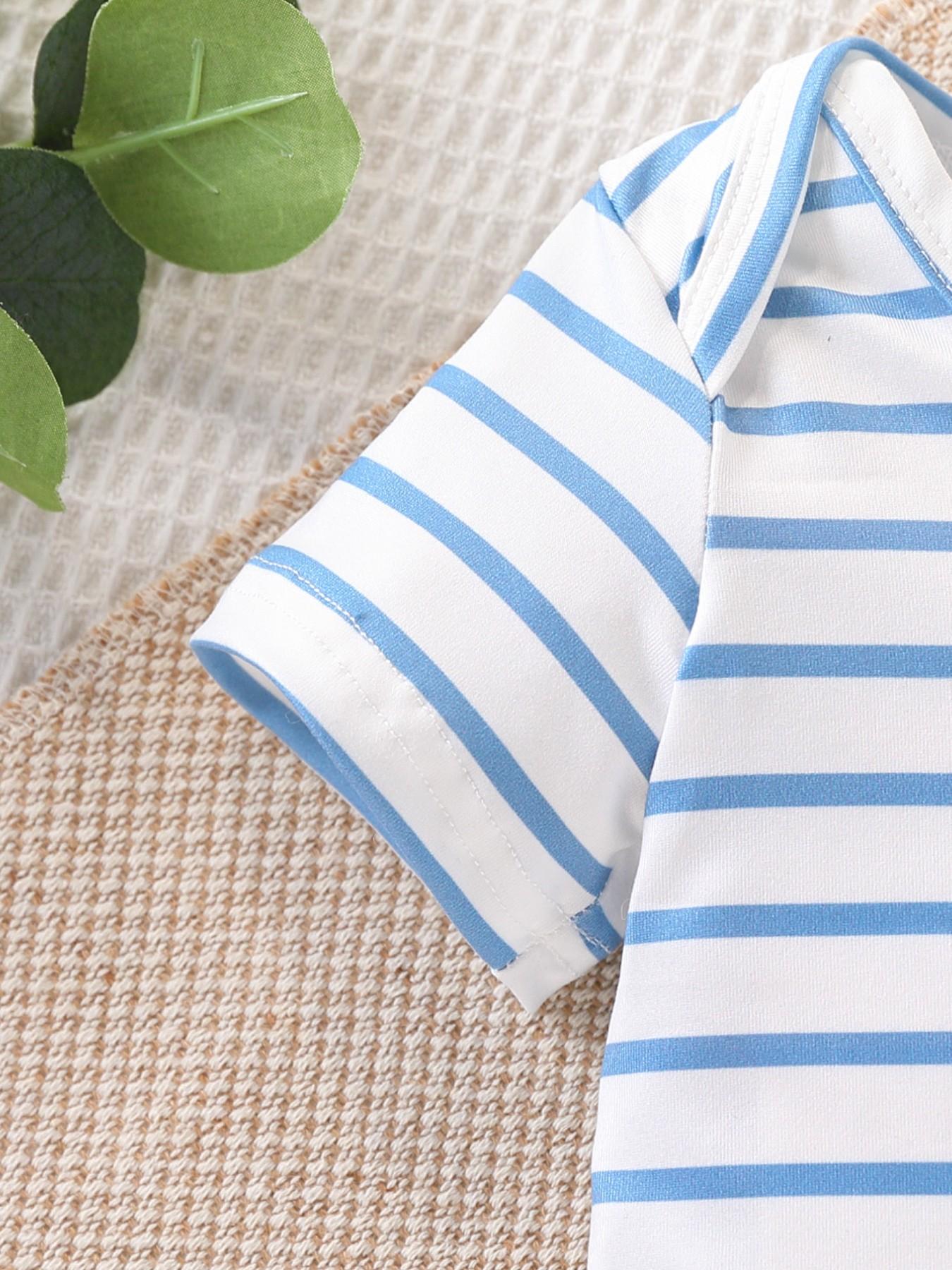 Boys' Cartoon Elephant Two-Piece Set, Striped Short Sleeve Romper + Waffle Bib Pants, Cute Summer for Kids, Comfortable and Stylish