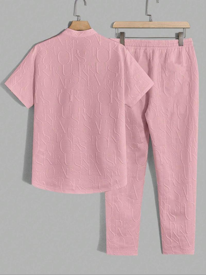 KZZ Men's Textured Letter Embossed Tee & Drawstring Waist Pants Regular Fit Casual Short Sleeve Notched Neck Top Above the Ankle Elastic Waist Trousers Spring Fall Clothe，FallFreshness christmas gifts for him SpringStatements