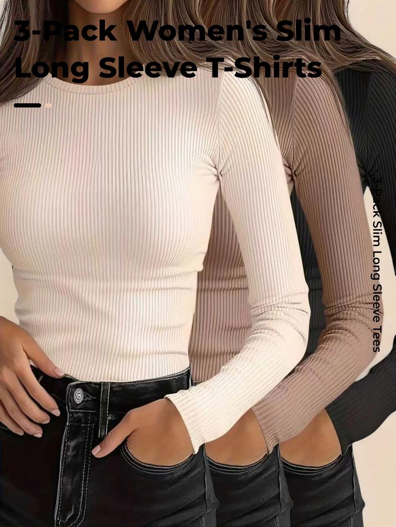 Women's Casual Slim-Fit Long Sleeve T-Shirts, 3-Pack Plain Ribbed Round Neck Tops, Medium Stretch, Perfect for Spring & Fall