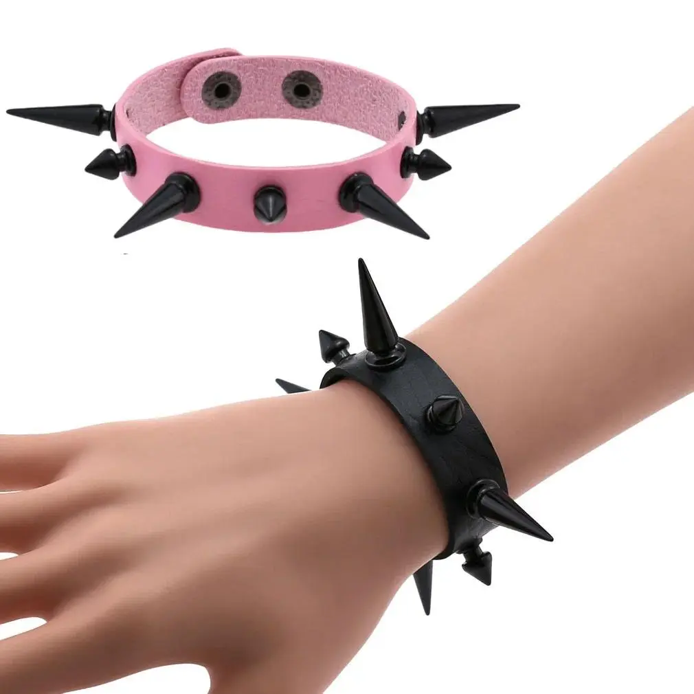 Punk Goth Pink Black Spikes Rivet Abs Acrylic Bracelets - Women's Matching Sets, Plain Surface, Party Wear Fashion Jewelry Gifts Emo Accessories, Bangles