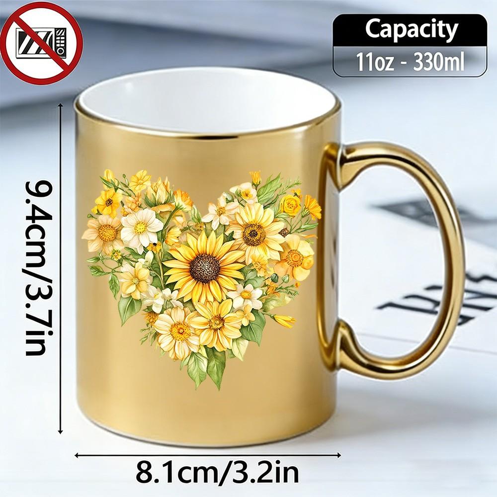 Sunflower Heart Gold Ceramic Coffee Mug, 11oz Shiny Metallic Gold Floral Tea Cup, Unique Birthday Mothers Day Gifts for Women Mom Wife Sister Friend, Sunflower Lover Gifts for Coffee Tea Lovers, Home Office Decor