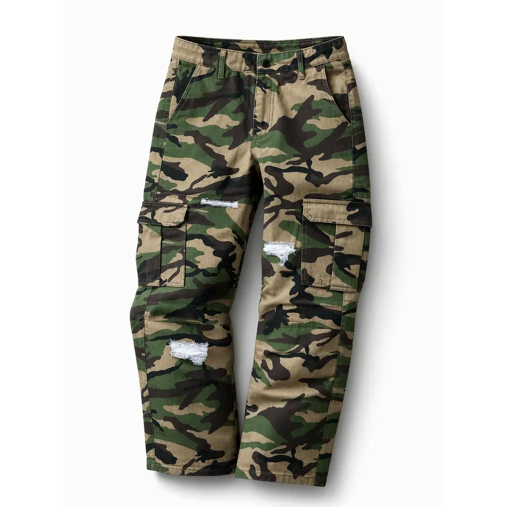Men's Camouflage Cargo Pants Casual Relaxed Fit Tactical Trousers, Fashion Streetwear Military Style Long Pants with Multiple Pockets and Distressed Details, Comfortable Lightweight Menswear Clothing for Daily Wear Outdoor Outfit