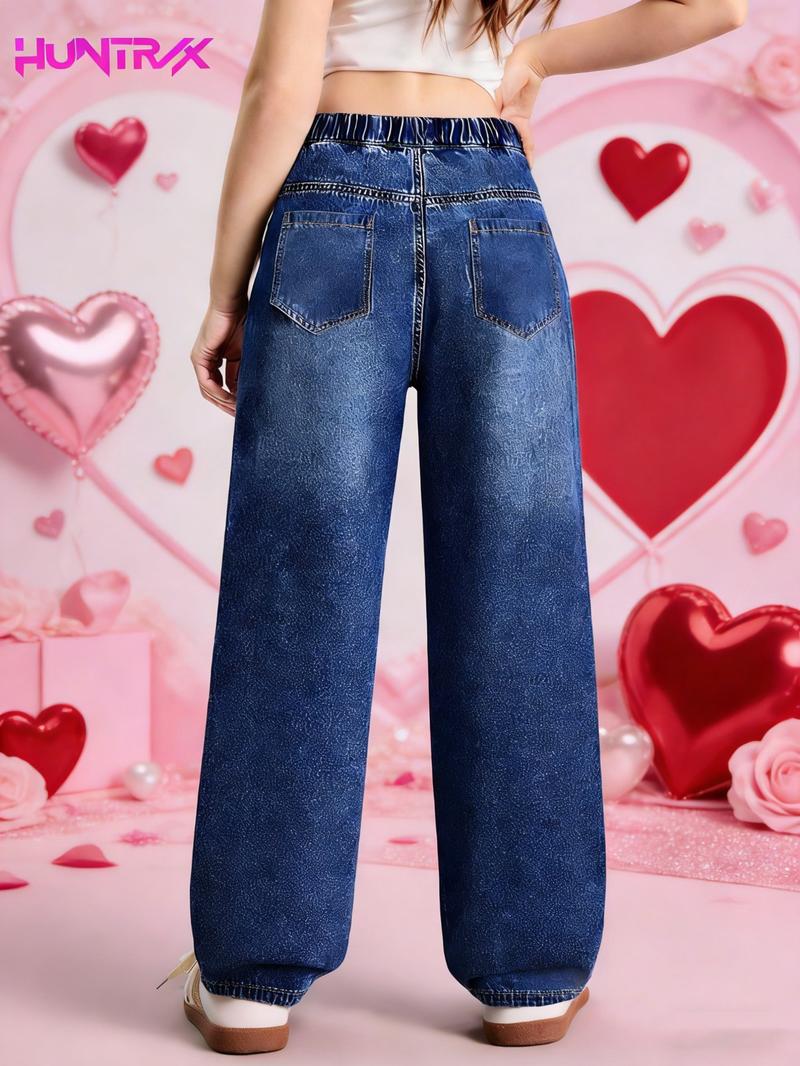 Valentine's Day Kpop Girl Printed Denim Jeans, Casual Fitted Jeans for Girls Ages 7-12, Perfect Valentine's Gift for Kids