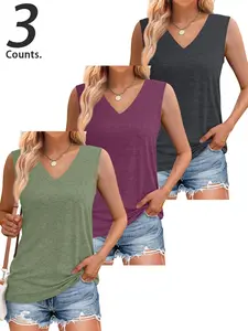 1 Pieces/3 Pieces Women's Solid Color V Neck Sleeveless Vest Top , Casual Basic Loose-Fitting Comfortable Fabric, Available in 6 Colors, Perfect for Daily Wear