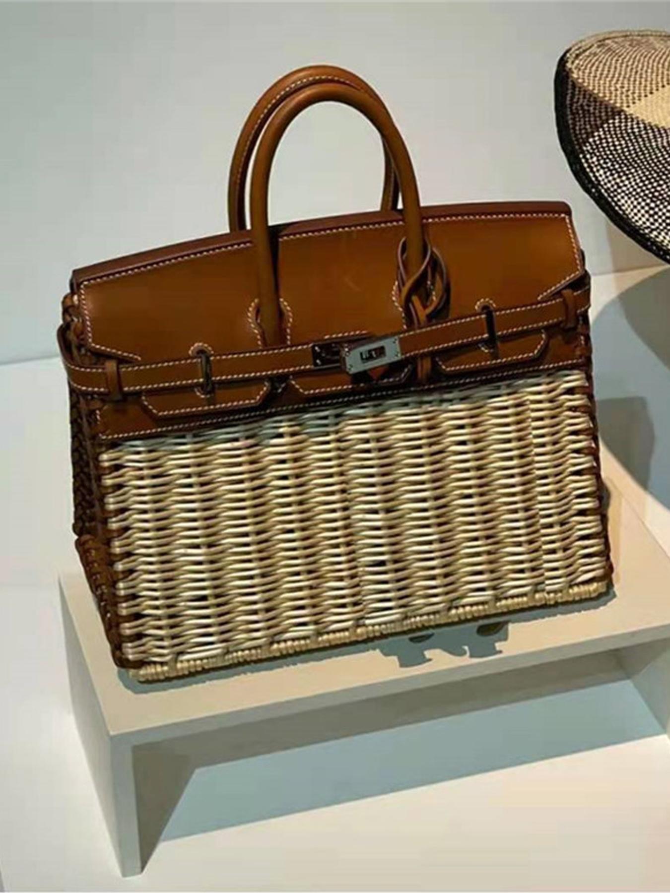 2026 Fashion Handbag, High-Quality Handmade Basket Bag, Picnic Lunch Bag, Platinum Color Bag for Girlfriend, Mother's Gift, Natural Rattan Crossbody Bag