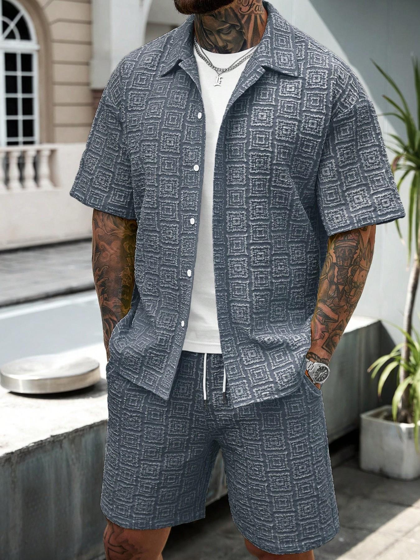 Men's Two-Piece Set Plain Short Sleeve Shirt and Shorts, Casual Button-Down Top and Shorts, for Summer Vacation and Beach