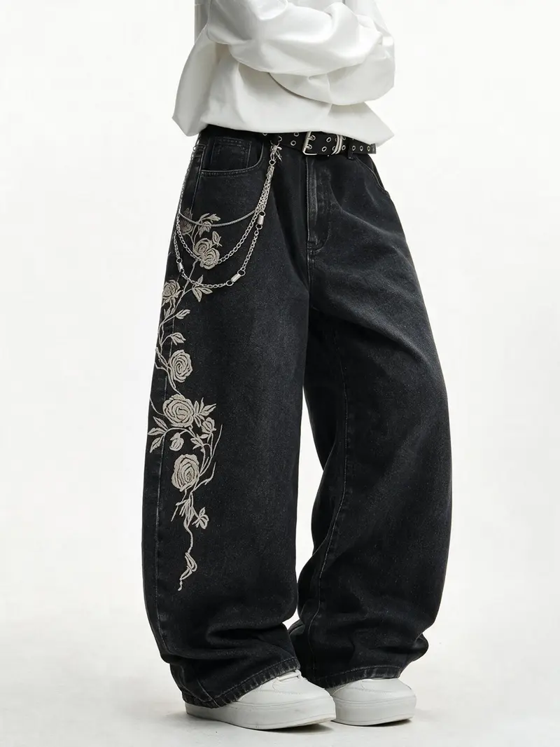 Men's Rose Embroidered Wide Leg Jeans, Vintage Washed Loose Fit Streetwear, Trendy Hip-Hop Long Pants, All Seasons Fashion