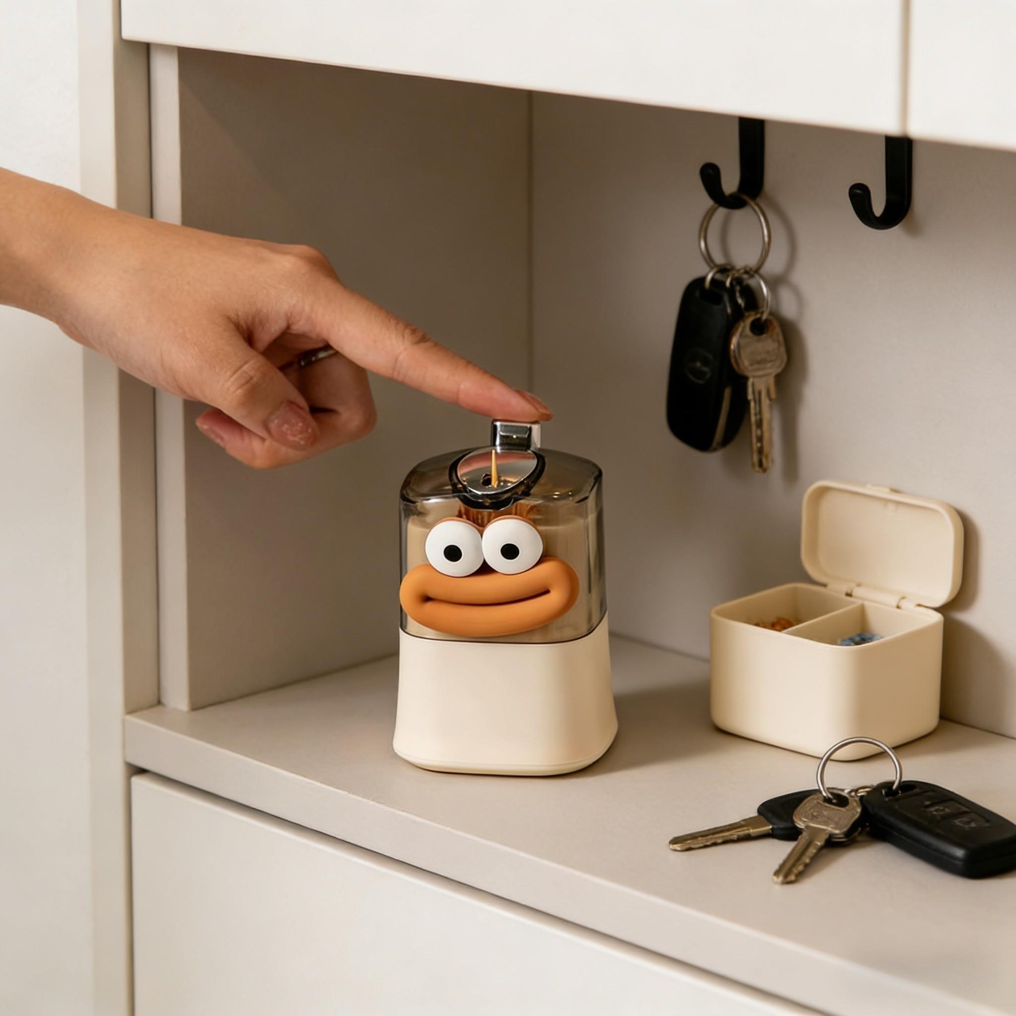 Automatic Press Toothpick Holder, Plastic Toothpick Dispenser, Creative Toothpick Storage Box, Cute Design, Includes Cartoon Stickers
