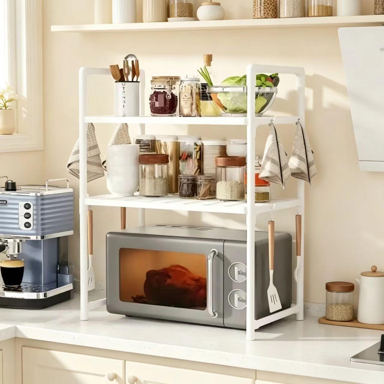 Microwave Rack Organizer, Multi-Functional Shelf for Countertop and Cabinet Storage, Durable and Easy Assembly, Ideal for Small Kitchens