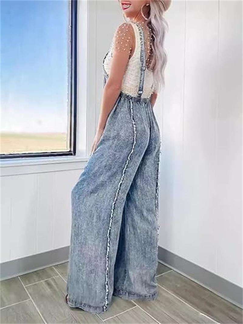 CHARTOU women's loose denim jumpsuit brushed and worn denim workwear adjustable shoulder straps wide leg jumpsuit
