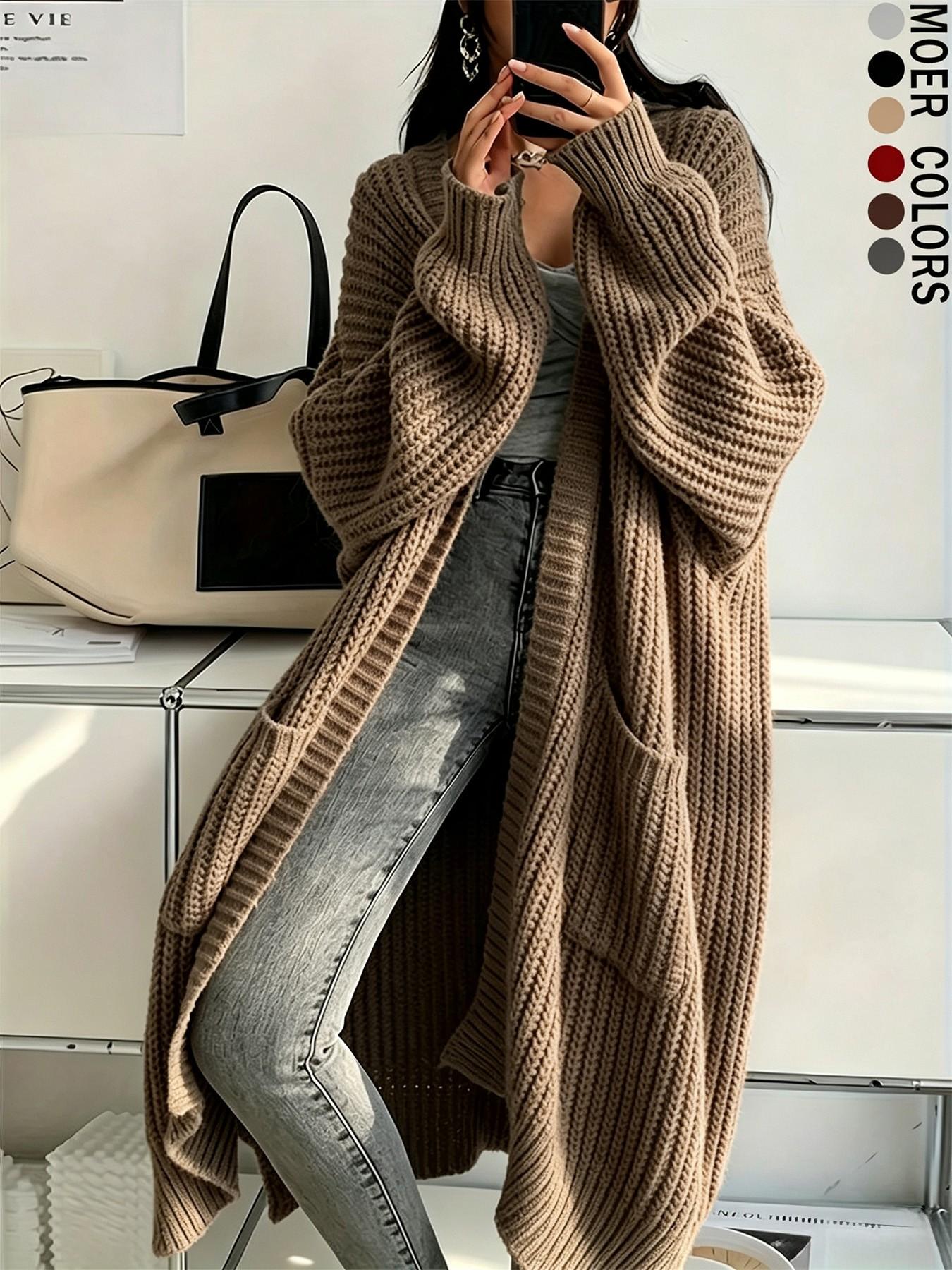 Women's Fashionable Elegant Casual Commuter Knit Long Cardigan, Long Sleeves, Stylish Versatile Outerwear for Fall and Winter, Comfortable and Warm Sweater Coat
