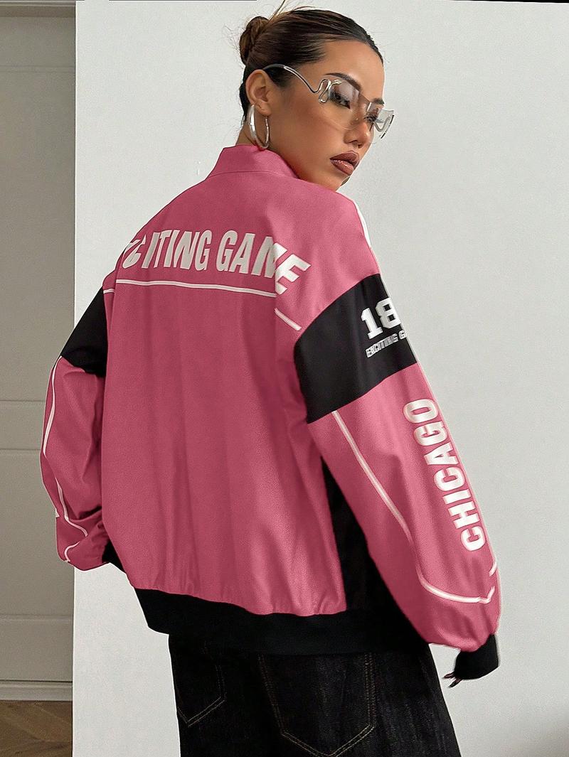 Spring Bomber Jacket Long Sleeve Zip Up Racing Jackets Color Block Y2k Outerwear Vintage Streetwear