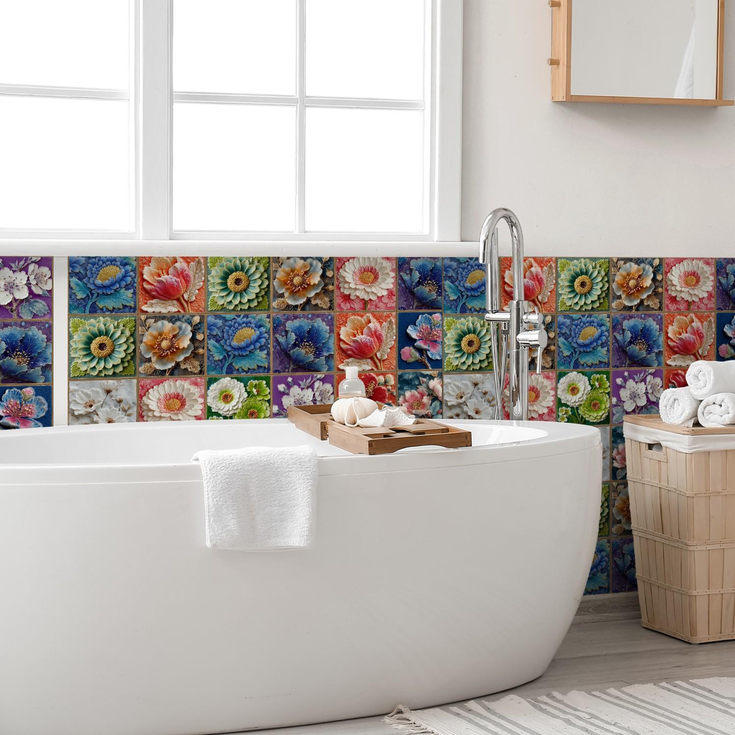 24PCS/Box NHZ 3D Embossed Floral Tile Stickers | Crystal Film Peel & Stick DIY Backsplash | Waterproof Oil-Proof for Kitchen/Bathroom/Furniture/Stairs/Wall Renovation