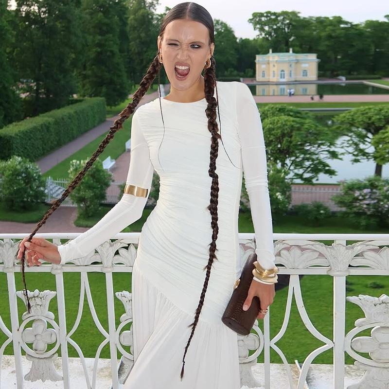 Women's Solid Ruched Round Neck Long Sleeve Pleated Dress, Elegant Plain Patchwork Plicated Slim-fitting Long Dress, Party Club Date Evening Gown Formal Dress, Ladies Spring Fall Winter Casual Dresses Clothes Wear, Formal Bodycon Dress