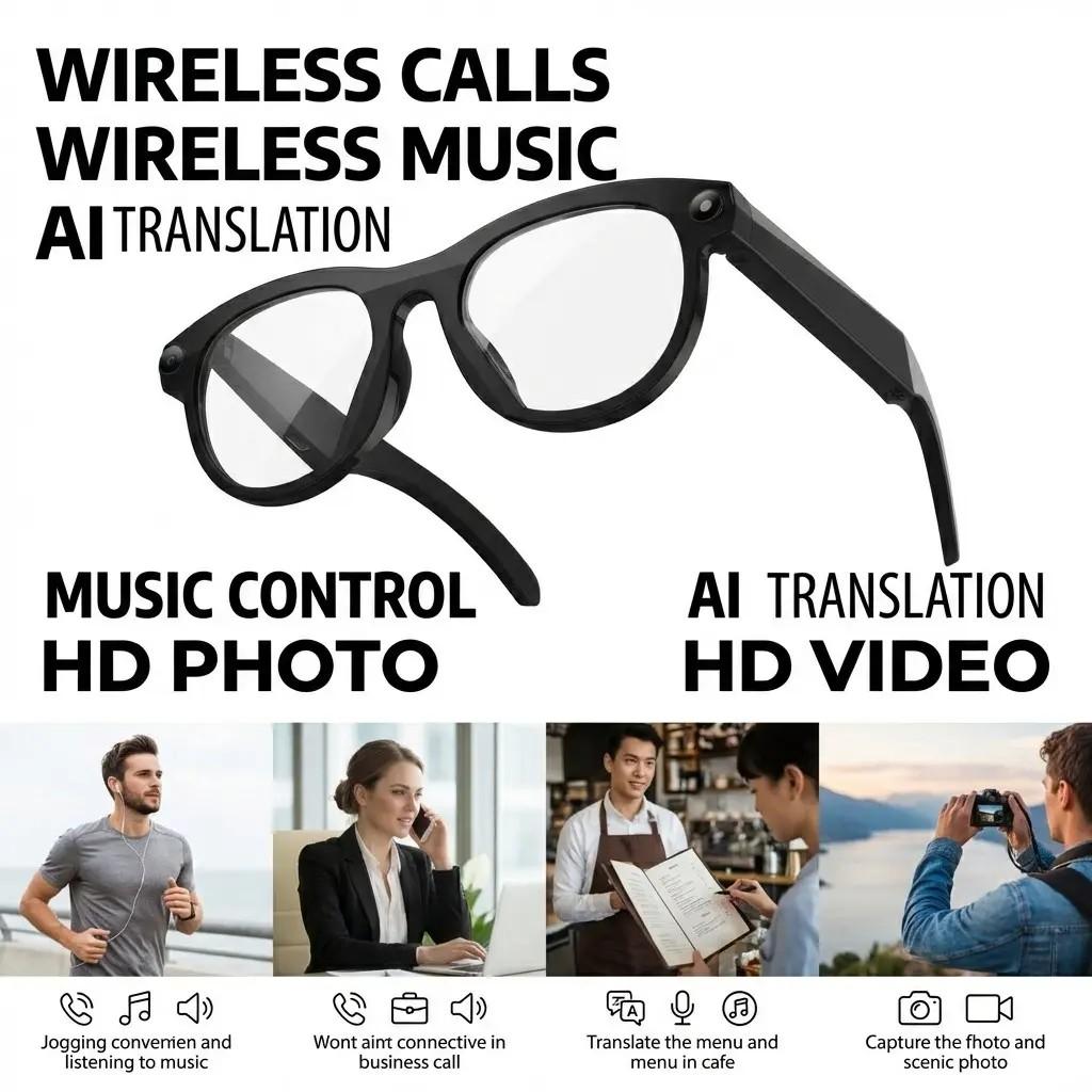 Smart Ai Glasses, Wireless Music & Call Function, Fashionable Design, High-Quality Audio, Ideal Gift for Christmas & Holidays