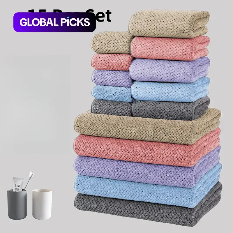 15-Piece Ultra-Soft Lightweight Pineapple Coral Bath Towel Set, 5 Bath Towels 70×140cm, 5 Hand Towels 35×75cm and 5 Square Towels 35×35cm, Quick-Drying Super Absorbent Towels, Suitable for Home, Hotel, Outdoor Fitness and Camping
