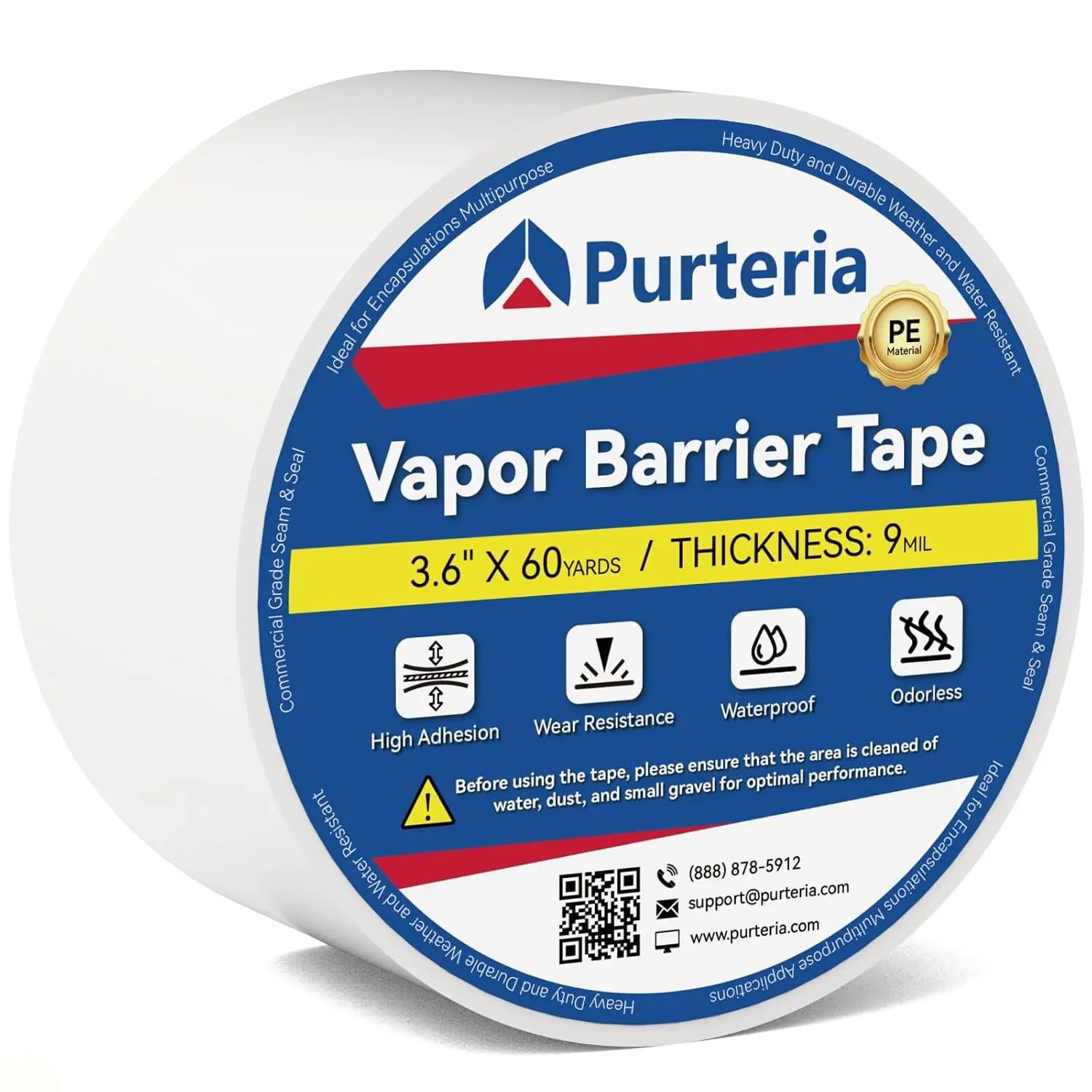 Vapor Barrier Tape, 9 Mil 3.6" x180', 1 Roll | White Polyethylene Tape for Crawl Space & Moisture Barrier, Waterproof Seam Tape for Underlayment, Insulation & Plastic Liner
