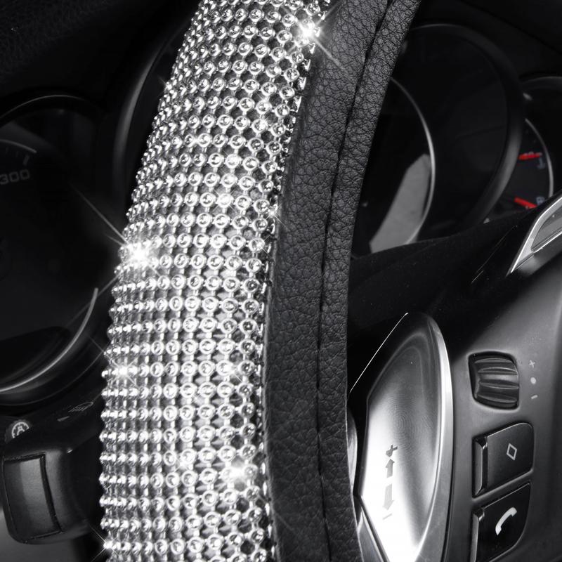CAR PASS Bling Diamond Leather Steering Wheel Cover,with Sparkly Crystal Glitter Rhinestones Universal Fit 14" 1/2-15"Women Girl Fit Suvs,Vans,Sedans