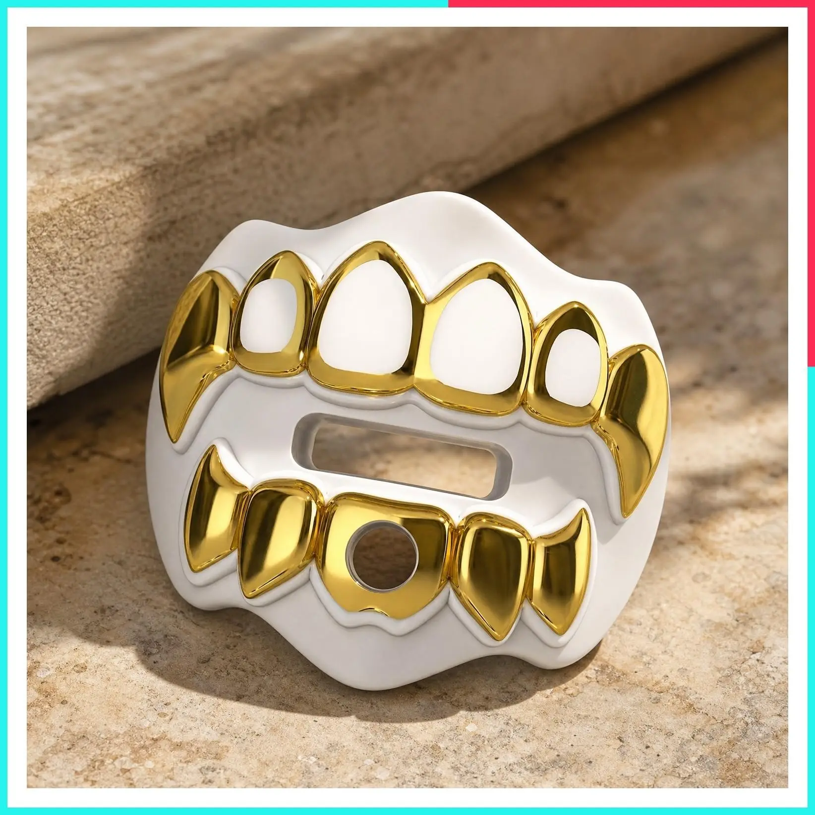 Football Mouth Guard for Youth & Adult - 3D Chrome Grillz White Gold Teeth Mouthpiece with Strap, No-Boil Braces-Friendly Sports Mouthguard (Chrome White/Gold)