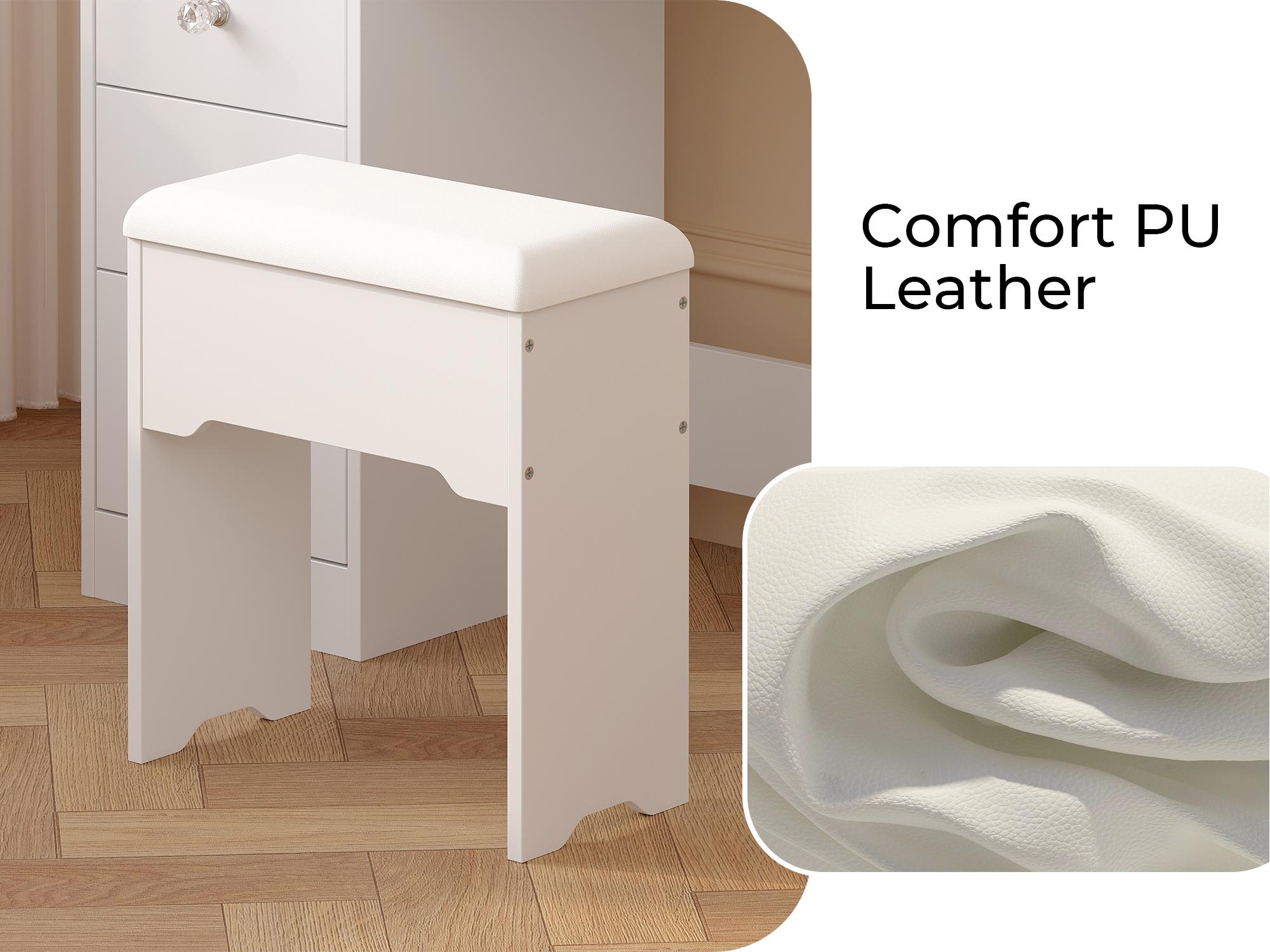 LIKIMIO Vanity Desk with Mirror & LED Light, Makeup Vanity Table with 5 Drawers, Power Outlet, and Vanity Stool, 3 Lighting Colors, Dressing Table for Bedroom