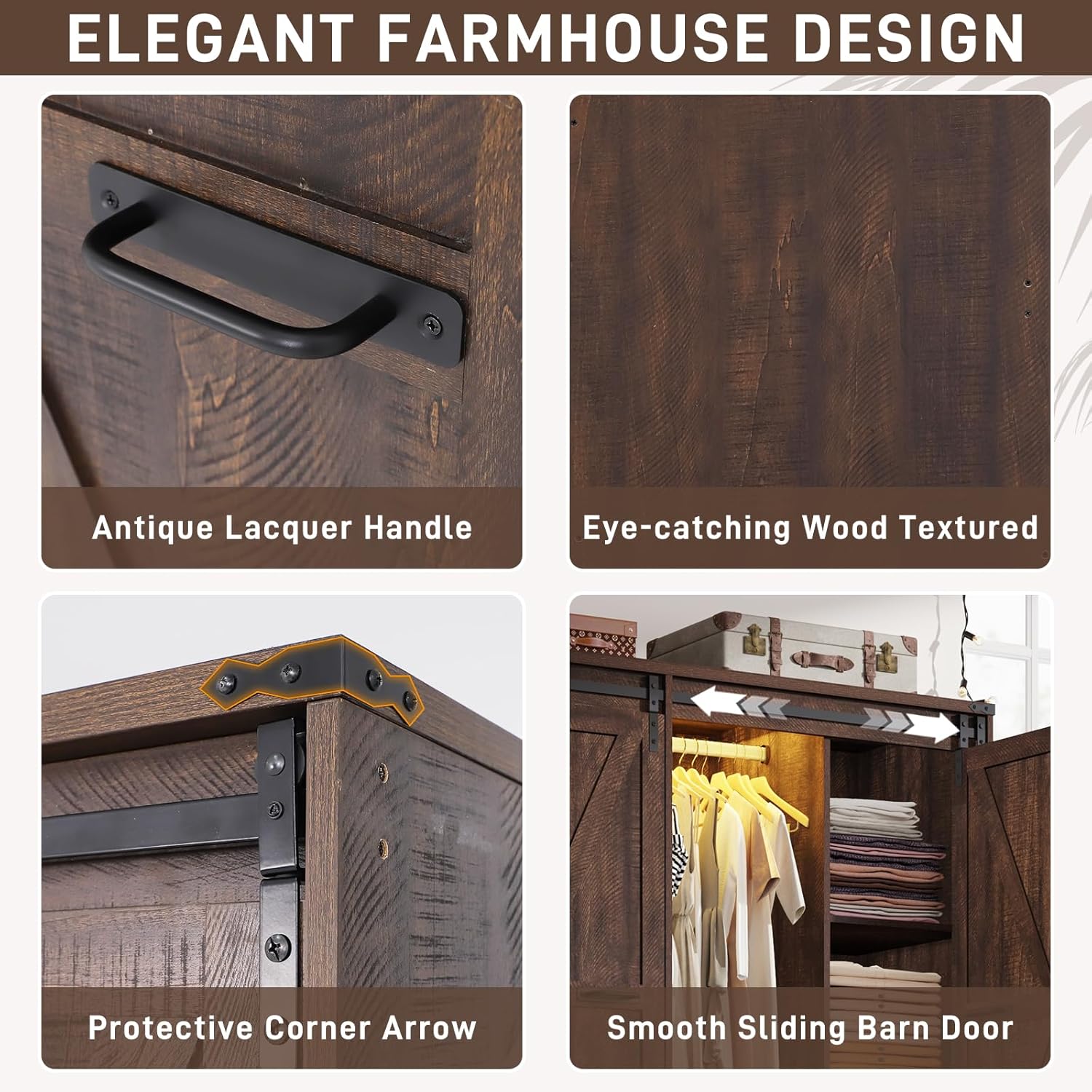 Farmhouse 6 Doors/4 Doors/3 Doors Armoire Wardrobe Closet w/Folding Sliding Barn Door and Lights, LED Armoire Closet w/Drawers for Bedroom, Freestanding Wooden Wardrobe Storage Closets w/Hanging Rod (Antique White/Rustic Brown/Black)