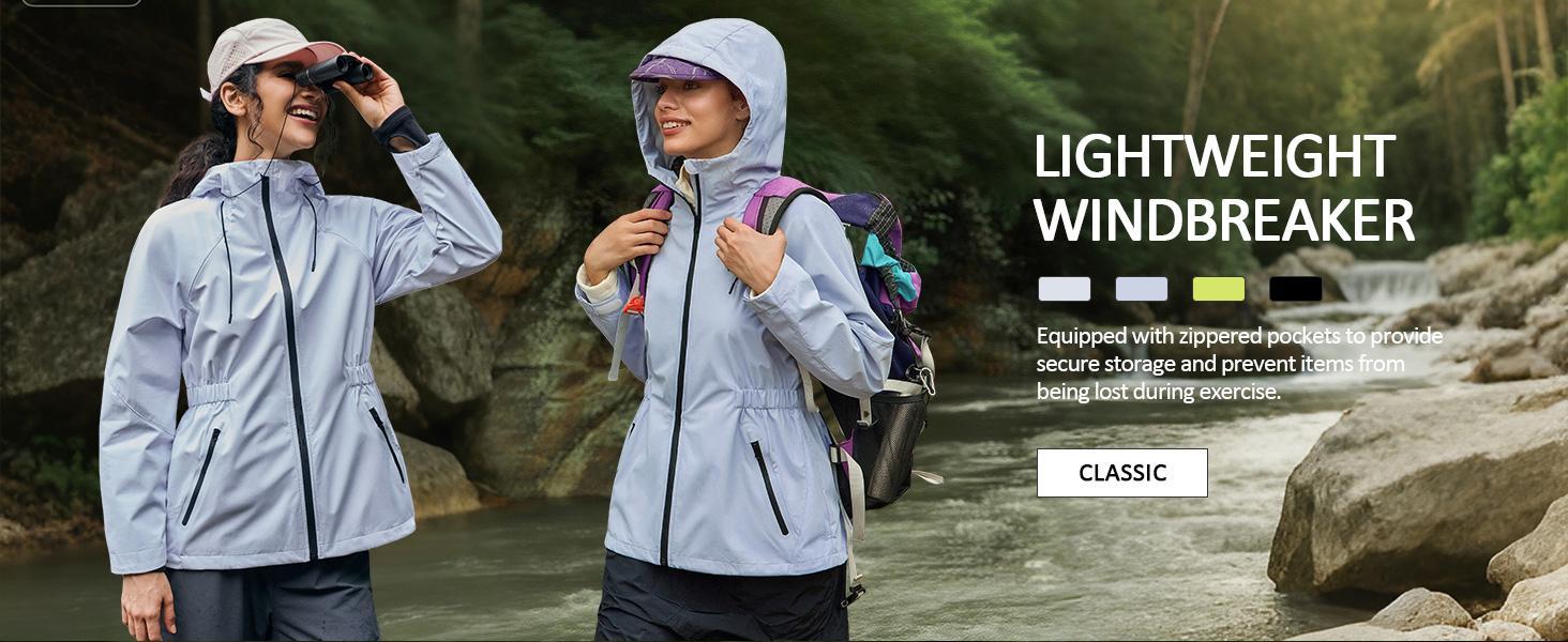 Women's Athletic Hooded Windbreaker Clothes - Lightweight Waterproof Solid Long-Sleeve Outdoors Top with Large Zippered Pockets, Windproof Zipper for Hiking, Daily Commuting