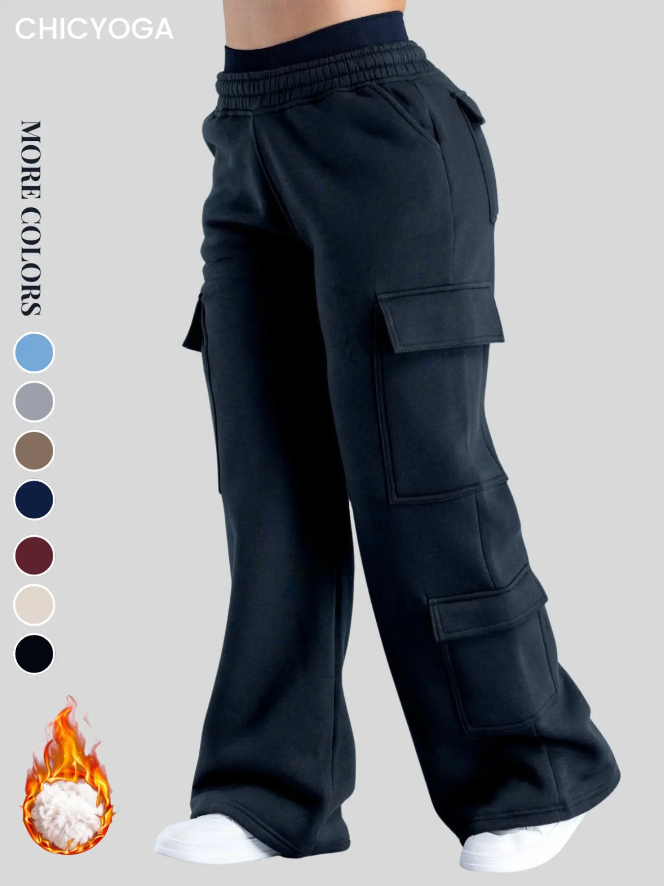 Women Winter Fleece Lined Cargo Wide Leg Activewear Pants, Multi Pockets Elastic Waist, Casual Street Style, Loose Flared Fit, rare aesthetic, for Daily Outing, Home Wear & Outdoor Commuting
