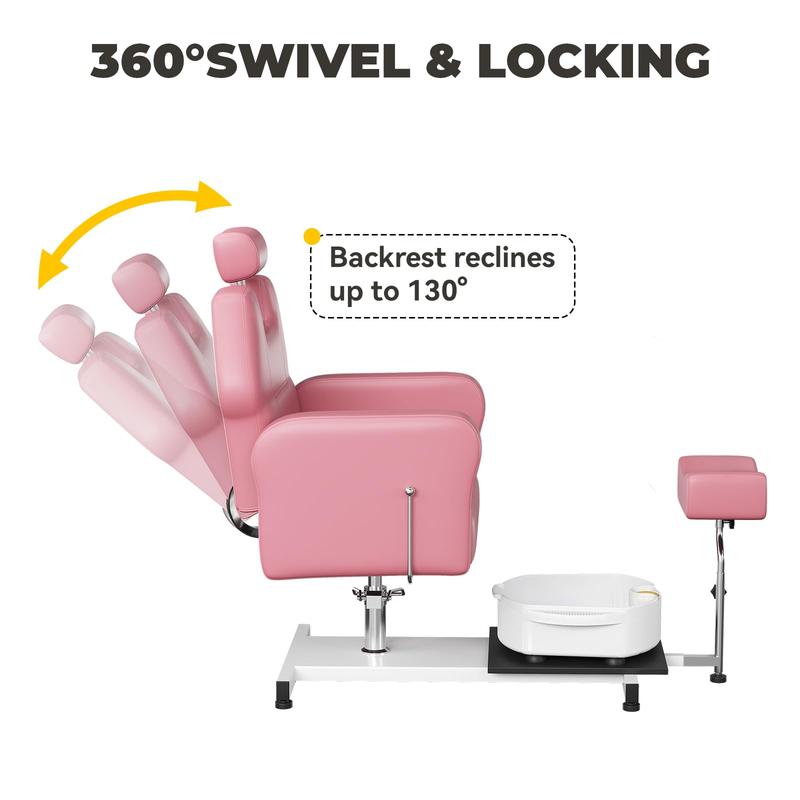 Reclining Pedicure Chair with Stool, 360 Swivel Massage Foot Bath Hydraulic Pedi Chair, Height Adjustable Pedicure Unit Station Beauty Spa Salon