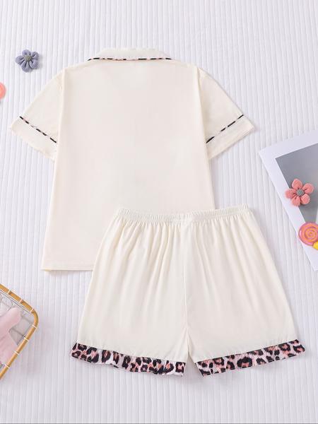 Children's 2-piece pajamas set, new style with short sleeves and shorts with a collar and pockets, fashionable pajamas, Casual Comfy Pajama, beautiful, comfortable soft pajamas, suitable for girls of middle and large size